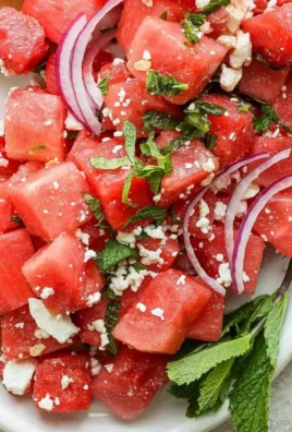 Fresh watermelon feta salad with mint on a plate