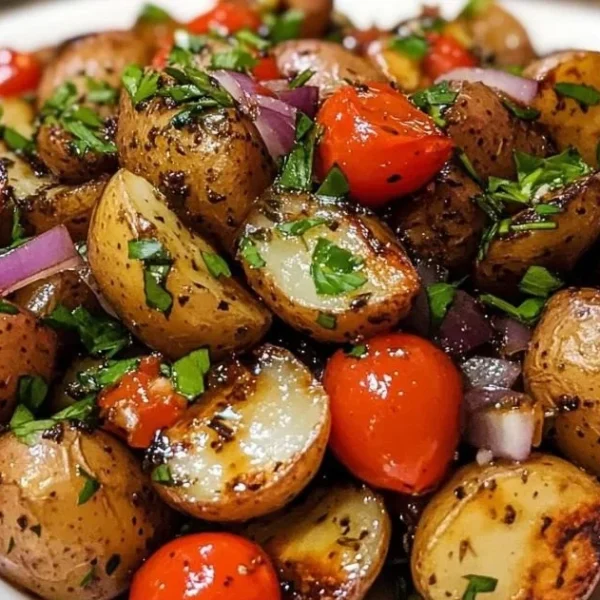 Bowl of zesty potato salad with herbs and spices