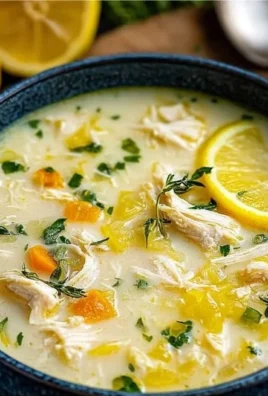 Bowl of Avgolemono Lemon Chicken Soup garnished with lemon and herbs