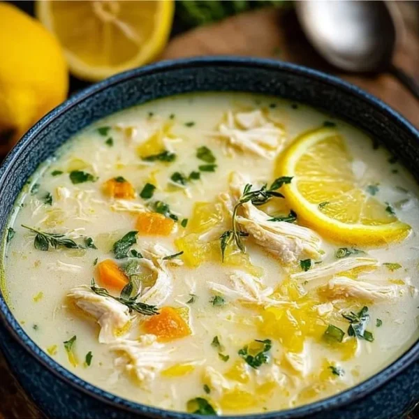 Bowl of Avgolemono Lemon Chicken Soup garnished with lemon and herbs
