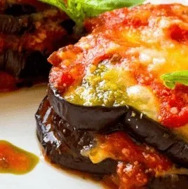 Baked Eggplant Parmesan without breadcrumbs served on a plate