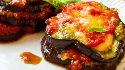 Baked Eggplant Parmesan without breadcrumbs served on a plate