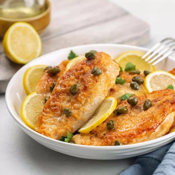 Plate of Chicken in Lemon Sauce served with herbs and lemon slices