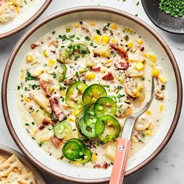 Bowl of rich and creamy clam chowder topped with parsley