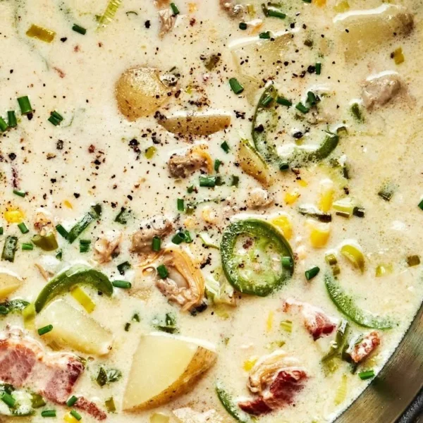 Bowl of creamy clam chowder garnished with parsley