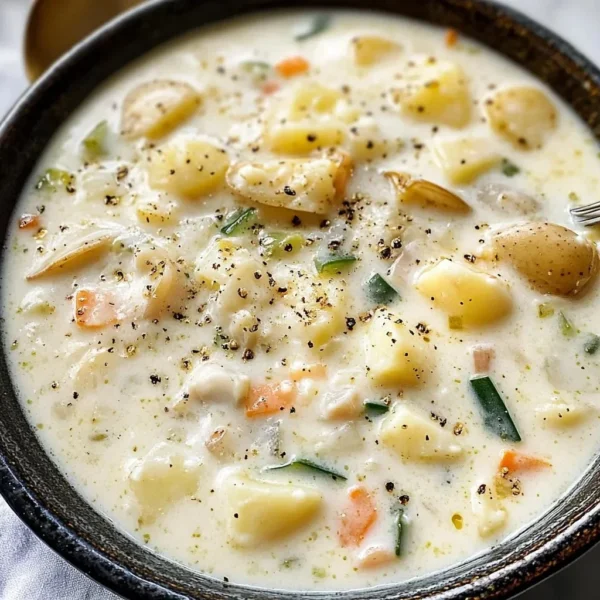 Bowl of delicious homemade clam chowder with bread topping
