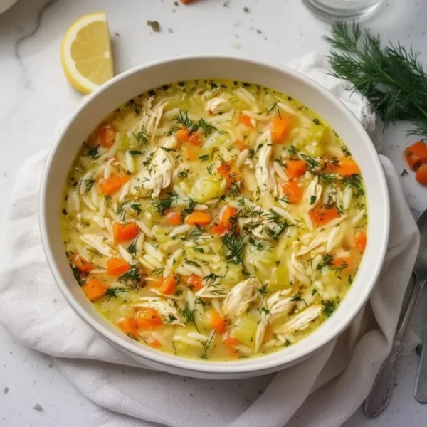 Bowl of Greek Lemon Chicken Soup garnished with lemon and herbs