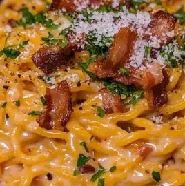 Bowl of creamy ramen carbonara topped with parmesan and black pepper