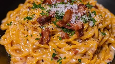 Bowl of creamy ramen carbonara topped with parmesan and black pepper