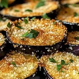 Crispy baked eggplant slices on a plate served with herbs and seasoning