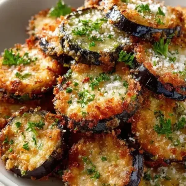 Crispy skillet fried eggplant slices on a plate, garnished with herbs