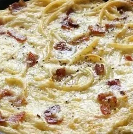 Crispy and cheesy pasta frittata made from leftover pasta.