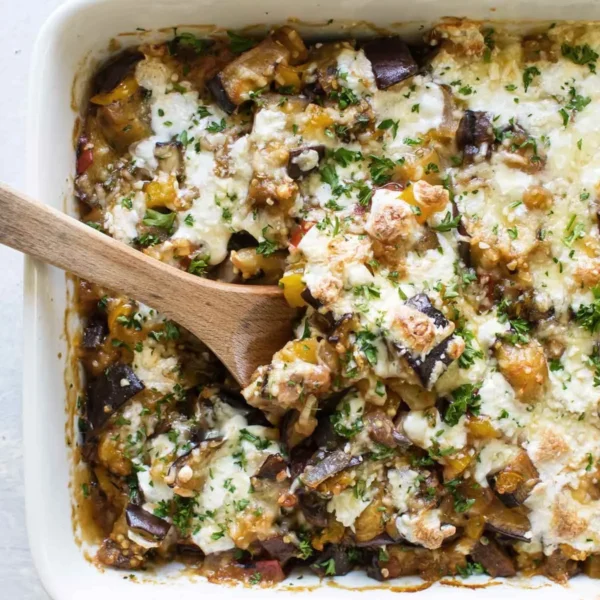 Delicious homemade eggplant casserole with cheese and vegetables
