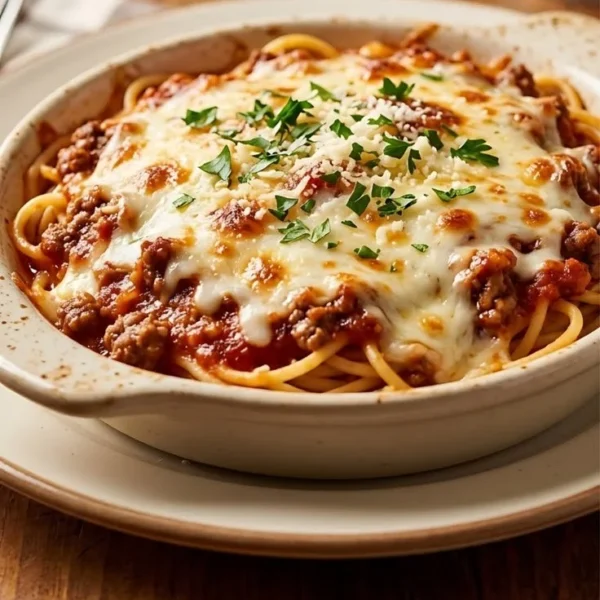 Delicious Fazoli's Baked Spaghetti topped with cheese and marinara sauce