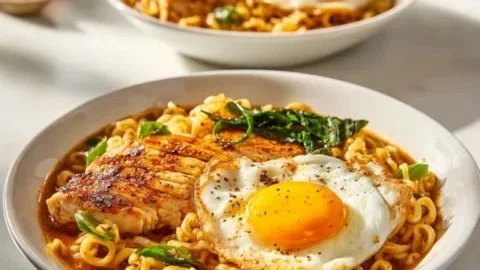 Fiery Buldak Ramen Bowl with Chicken and Jammy Egg