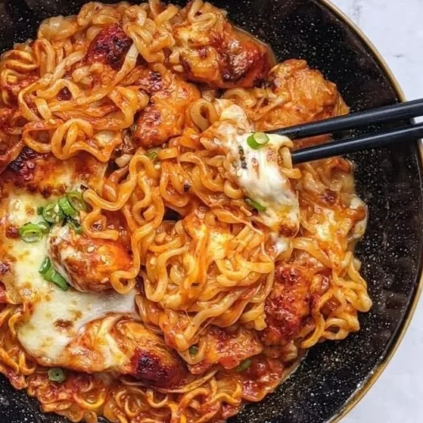 Fiery chicken noodles served in a bowl with fresh veggies and spices.