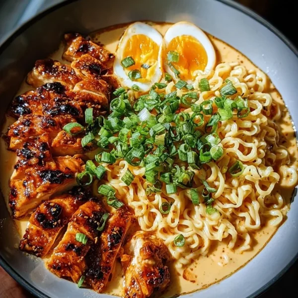 Bowl of fiery chicken ramen with spicy broth and vibrant toppings