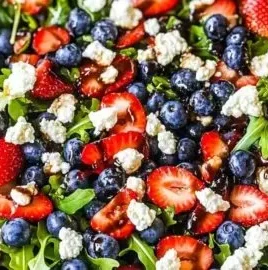 Fresh arugula salad topped with berries for a delicious summer dish