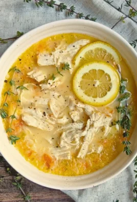 Bowl of Greek lemon chicken soup garnished with fresh herbs and lemon slices.