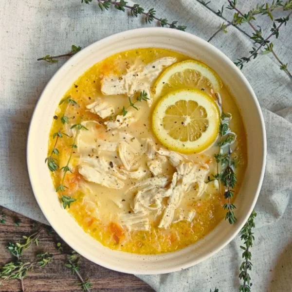 Bowl of Greek lemon chicken soup garnished with fresh herbs and lemon slices.