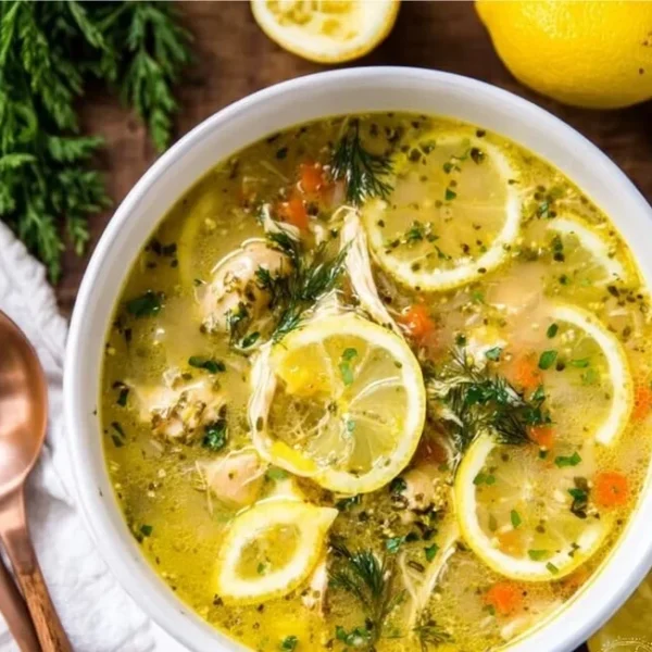 Bowl of Greek Lemon Chicken Soup (Avgolemono) topped with herbs