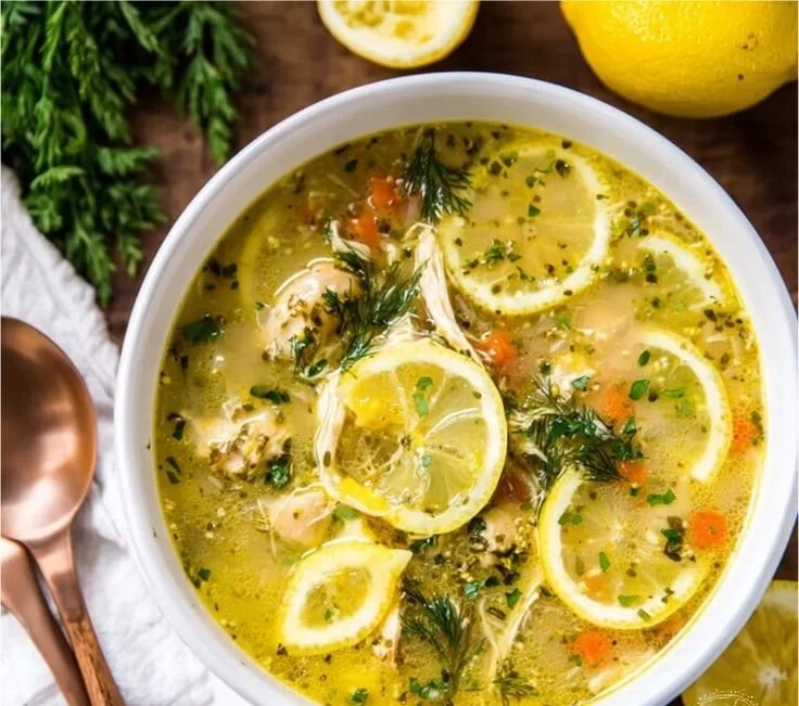 Bowl of Greek Lemon Chicken Soup (Avgolemono) topped with herbs