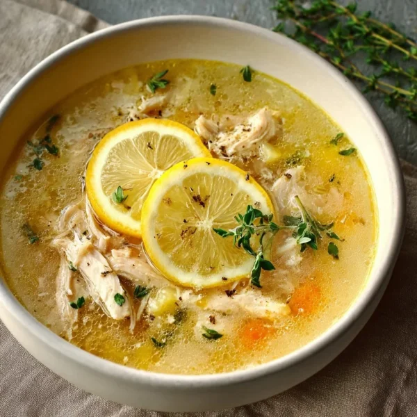 Bowl of Greek lemon chicken soup garnished with fresh herbs and lemon slices