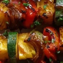 Delicious grilled pineapple vegetable skewers garnished for a summer BBQ