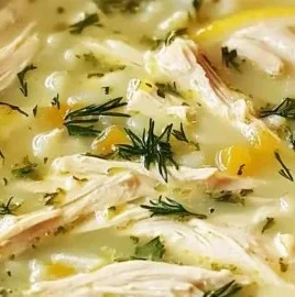 Bowl of Hearty Greek Lemon Chicken Soup with lemon and herbs