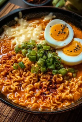 Delicious Korean spicy ramen noodles topped with cheese