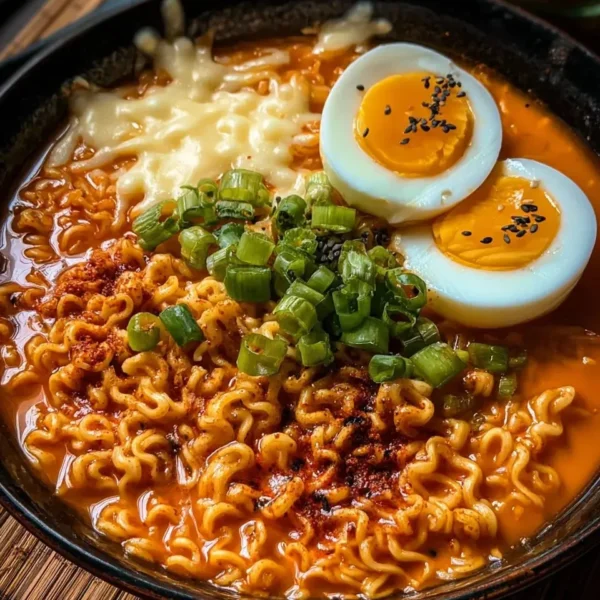 Delicious Korean spicy ramen noodles topped with cheese