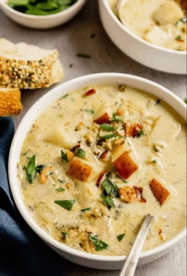 A bowl of rich New England clam chowder topped with fresh herbs and served by the seaside