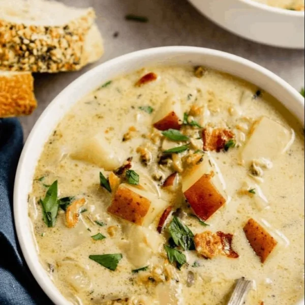 A bowl of rich New England clam chowder topped with fresh herbs and served by the seaside