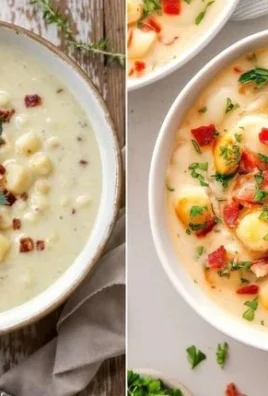 Bowl of creamy New England clam chowder topped with fresh parsley and clams