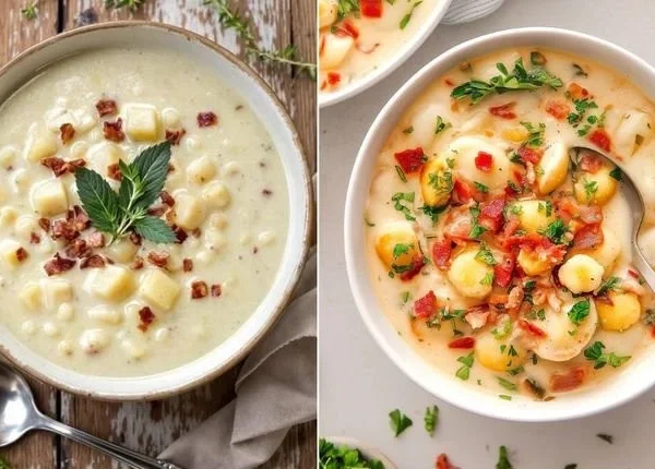 Bowl of creamy New England clam chowder topped with fresh parsley and clams