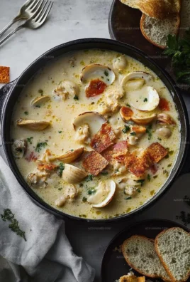 A bowl of delicious New England clam chowder with clams and potatoes.