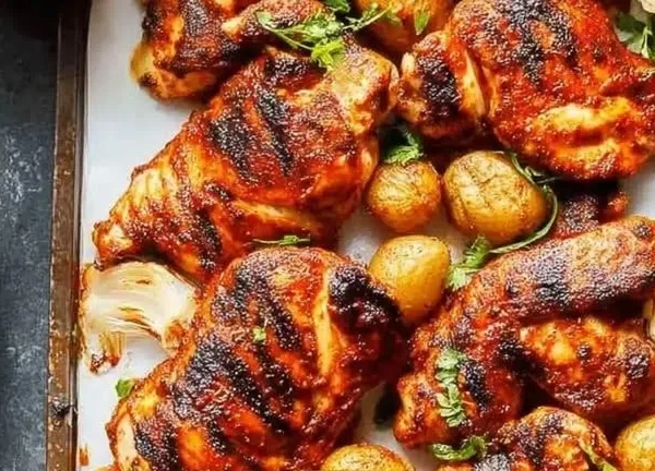 Juicy Peri Peri Chicken served with spicy sauce and fresh herbs
