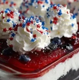 No-bake Red White and Blue Dessert Lasagna celebrating Independence Day flavors