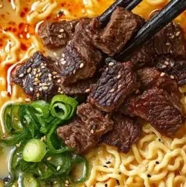 Spicy Korean ramen with grilled beef and creamy sauce served in a bowl.