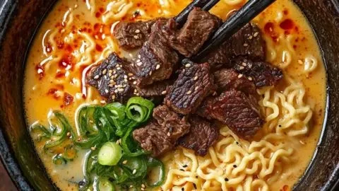 Spicy Korean ramen with grilled beef and creamy sauce served in a bowl.