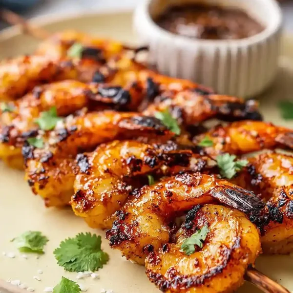 Simple grilled jerk shrimp served on a platter with vibrant garnish