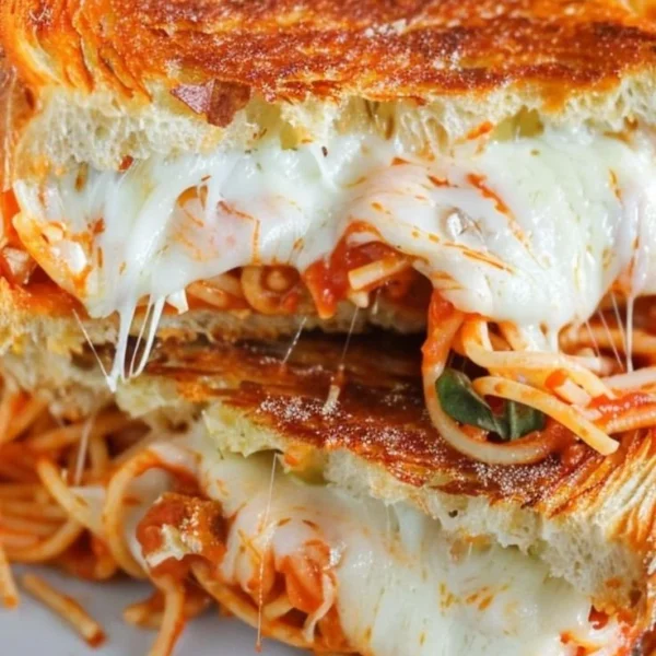 Delicious spaghetti grilled cheese sandwich with melted cheese and pasta