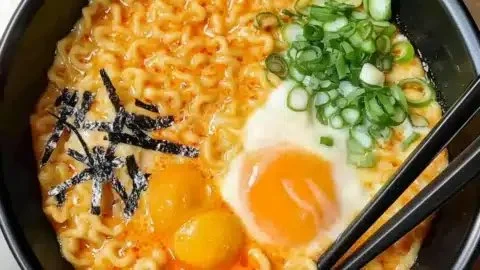 Delicious bowl of Spicy Cheese Ramen topped with cheese and chili flakes.