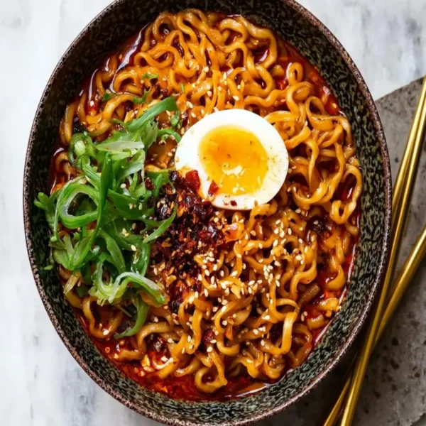 Bowl of spicy chili oil dry ramen garnished with green onions and sesame seeds.