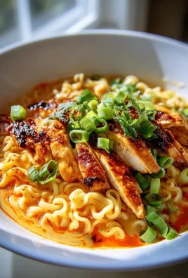 Spicy chicken ramen with creamy garlic sauce topped with fresh herbs and chili flakes.