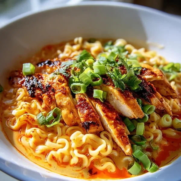 Spicy chicken ramen with creamy garlic sauce topped with fresh herbs and chili flakes.